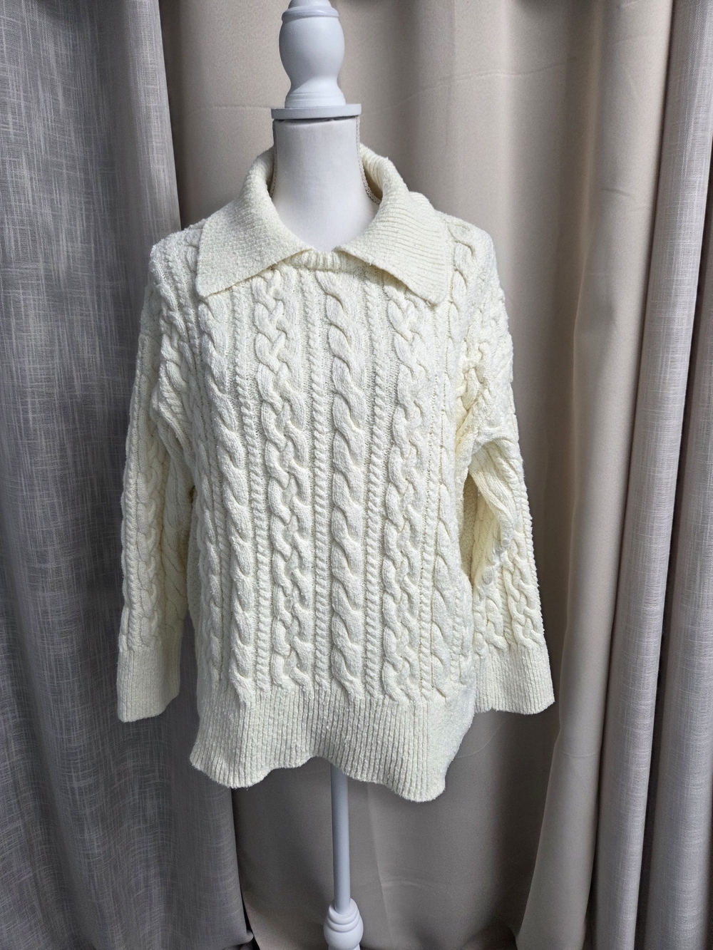 Free People Cream Cable Knit Polo Collar Sweater Cotton Blend Size M
